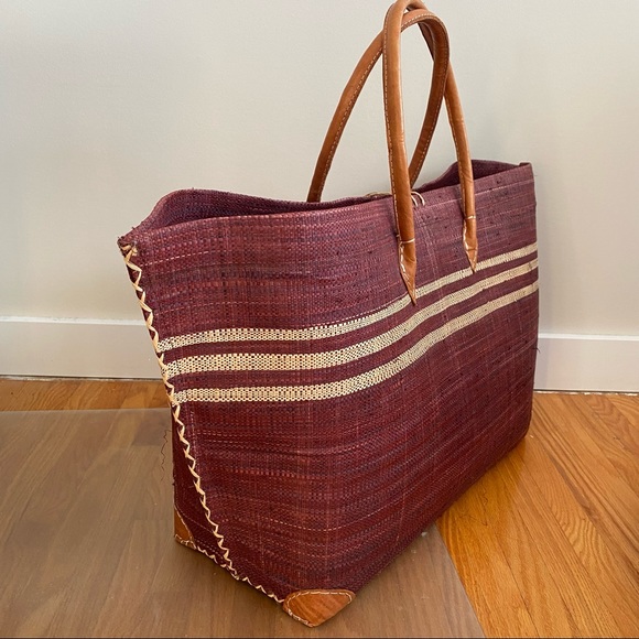 Wicker Tote Bag Burgundy Straw - Picture 5 of 9